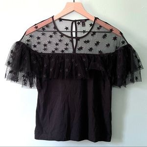 J. Crew Black Star Embroidered Ruffle Top Size S